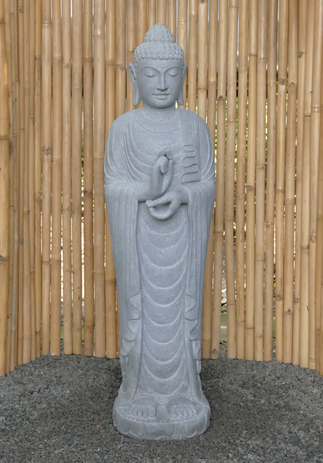  Product image 1 of the product “Standing Buddha made of Riverstone in Dharmachakra position - gesture of wheel of the teaching of Dharma. About 143cm height ”